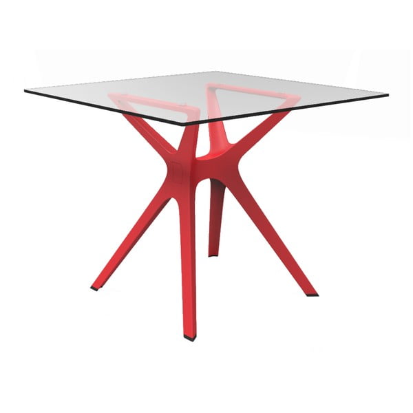 Valgomasis stalas su raudonomis kojomis ir stikliniu stalviršiu, tinkamas naudoti lauke "Resol Vela", 90 x 90 cm