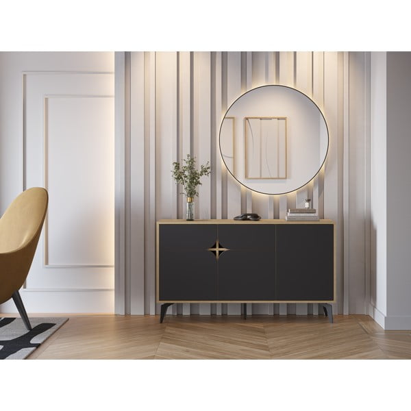 Žema šoninė spintelė juodos spalvos/natūralios spalvos iš ąžuolo 140x79 cm Nola – Marckeric-image-1