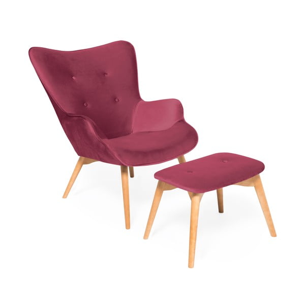 Rožinės ir raudonos spalvos fotelis ir pakojis su natūraliu "Vivonita Cora Velvet" pagrindu