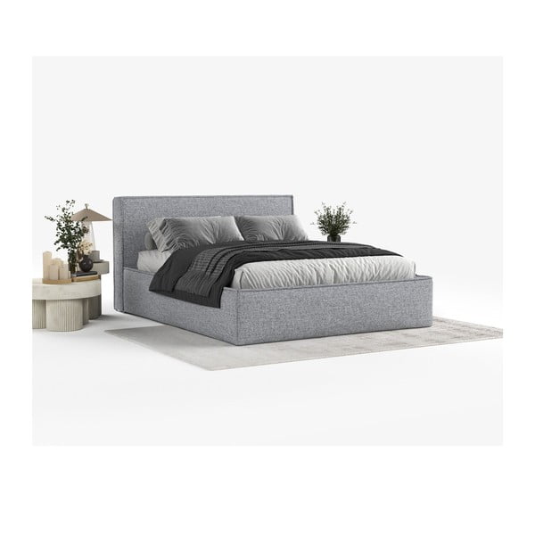 Pilkos spalvos dvigulė lova audiniu dengta su sandėliavimo vieta su lovos grotelėmis 200x200 cm Lounge L – Maison de Rêve-image-1