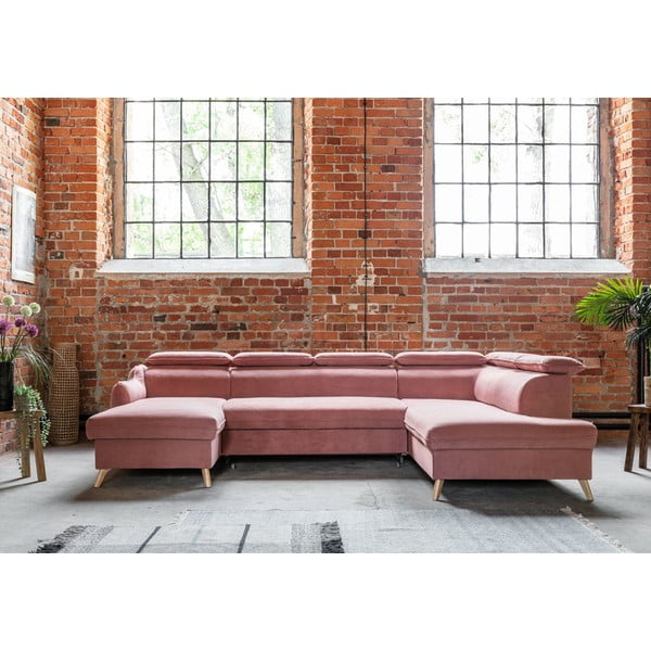 Sulankstoma kampinė sofa iš velveto šviesiai rožinės spalvos (su dešiniuoju kampu/„U“ formos) Sweet Harmony – Miuform-image-1