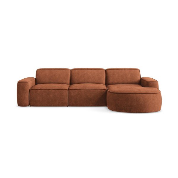 Terakotos spalvos iš šenilinio audinio kampinė sofa (su dešiniuoju kampu/su gultu) Omao – Makamii