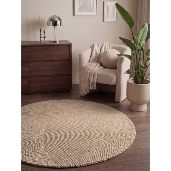 Rankų darbo smėlio spalvos iš vilnos apvalios formos kilimas ø 120 cm Calmio – Hanse Home-image-1
