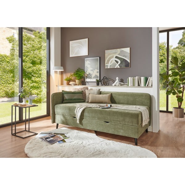 Viengulė lova žalios spalvos audiniu dengta su sandėliavimo vieta 120x200 cm Kiruna – Meise Möbel-image-1