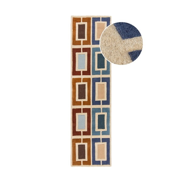 Rankų darbo iš vilnos kilimas mėlynos spalvos/oranžinės spalvos 60x230 cm Retro Blocks – Flair Rugs