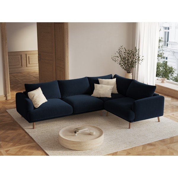Tamsiai mėlynos spalvos kampinė sofa iš velveto (su dešiniuoju kampu/„L“ formos) Naomi – Micadoni -image-1