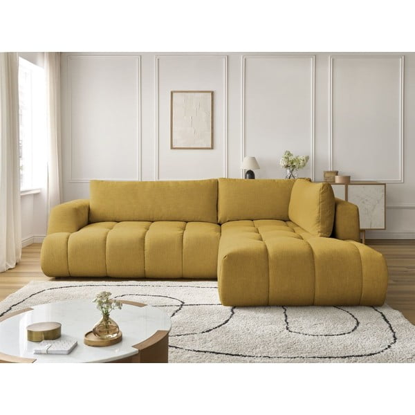 Garstyčių spalvos sulankstoma/su sandėliavimo vieta kampinė sofa (su dešiniuoju kampu/„L“ formos) Fuji – Bobochic Paris-image-1