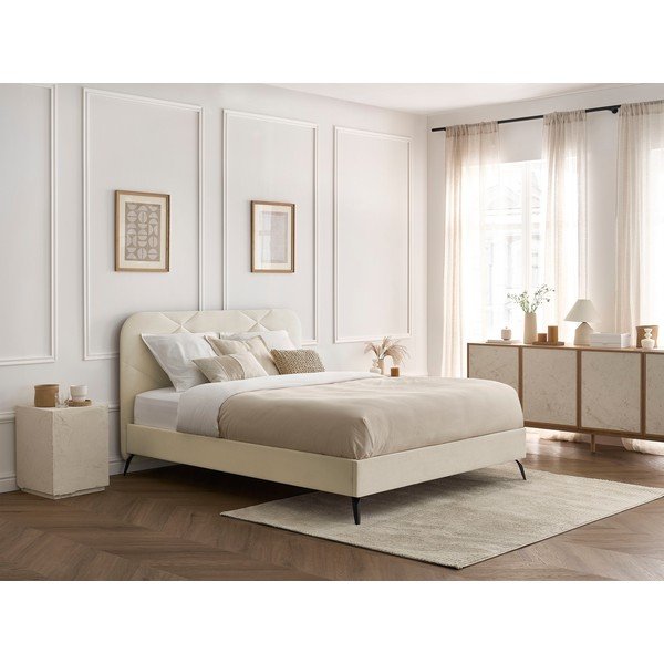 Dvigulė lova smėlio spalvos audiniu dengta su lovos grotelėmis 180x200 cm Prune – Bobochic Paris-image-1