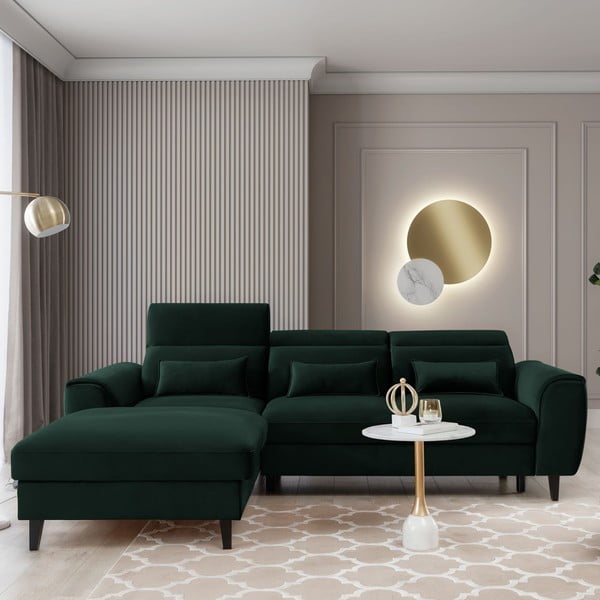 Tamsiai žalios spalvos iš velveto sulankstoma/su sandėliavimo vieta kampinė sofa (su kairiuoju kampu/su gultu) Foble – ELTAP-image-1