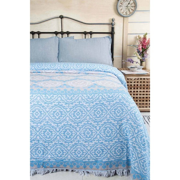 Lovatiesė mėlynos spalvos iš medvilnės dvigulei lovai 215x240 cm Lenna – Mijolnir