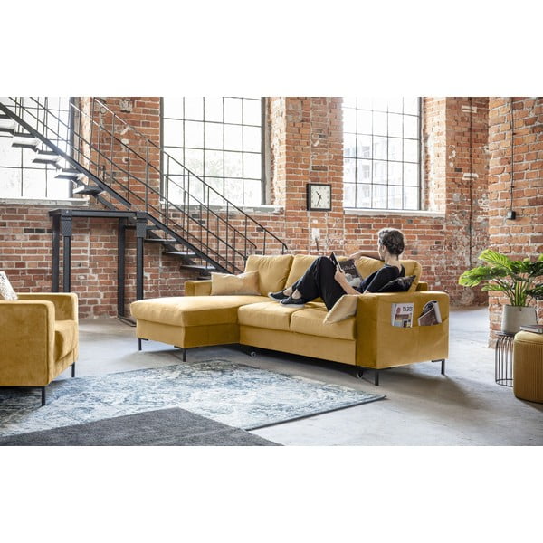 Garstyčių geltonos spalvos aksominė kampinė sofa Miuform Lofty Lilly, kairysis kampas-image-3