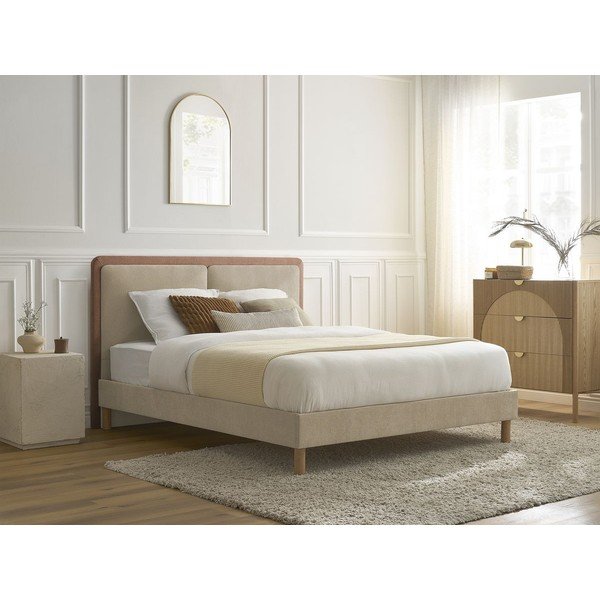 Pilkai rožinės spalvos iš audinio dvigulė lova audiniu dengta su lovos grotelėmis 160x200 cm Mara – Bobochic Paris-image-1
