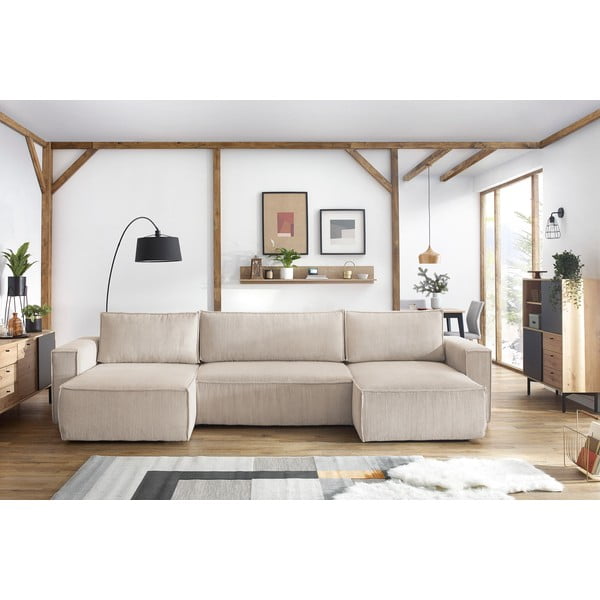 Sulankstoma kampinė sofa smėlio spalvos iš kordinio velveto („U“ formos) Nihad – Bobochic Paris-image-1