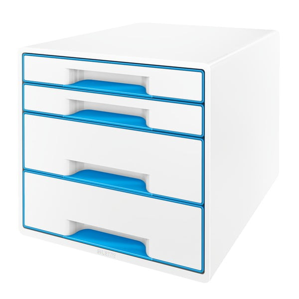 Baltos ir mėlynos spalvos dėžė su stalčiais Leitz WOW CUBE, 4 stalčiai