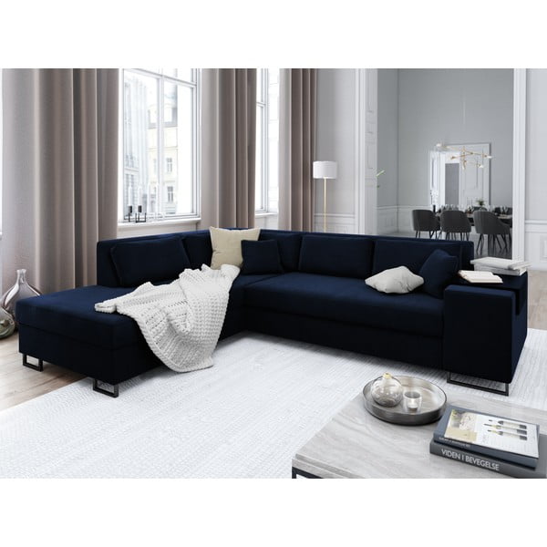 Mėlyna aksominė kampinė sofa-lova Cosmopolitan Design York, kairysis kampas-image-1