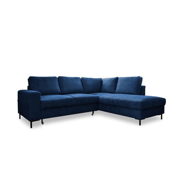 Iš kordinio velveto sulankstoma kampinė sofa tamsiai mėlynos spalvos (su dešiniuoju kampu) Lofty Lilly – Miuform