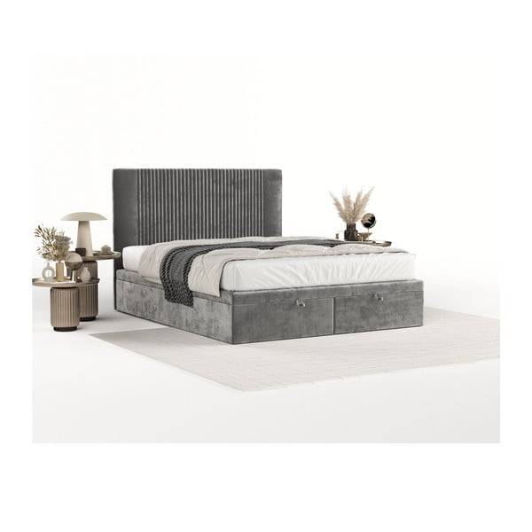 Dvigulė lova pilkos spalvos audiniu dengta su sandėliavimo vieta 160x200 cm Mavel – Maison de Rêve-image-2