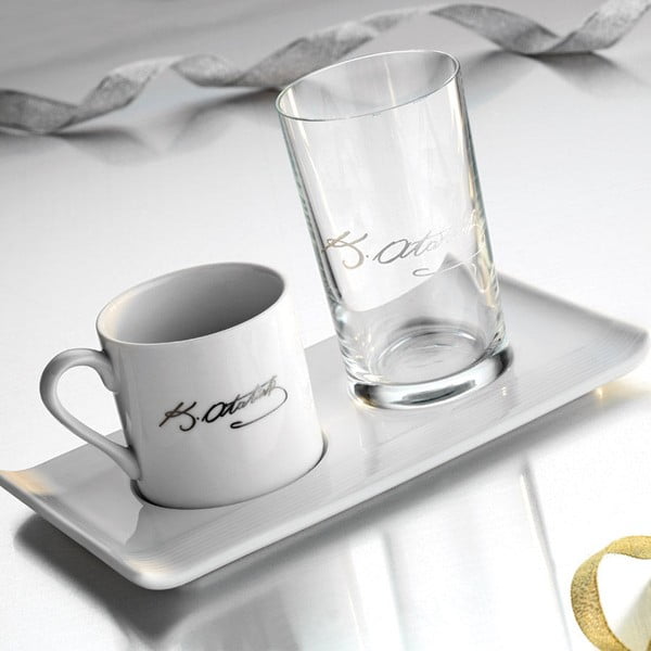 Porcelianinio puodelio, lėkštutės ir stiklinės rinkinys "Kutahya Lissmo