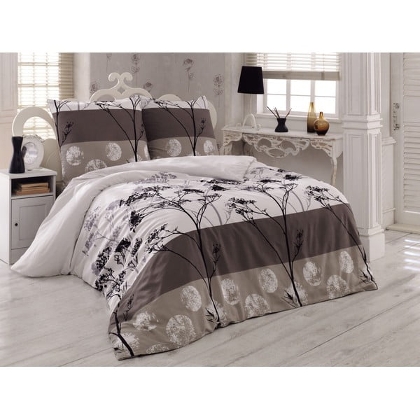Baltos ir rudos spalvos pailginta medvilninė patalynė dvigulei lovai su paklode ir užvalkalu 220x240 cm Blezza – Mijolnir