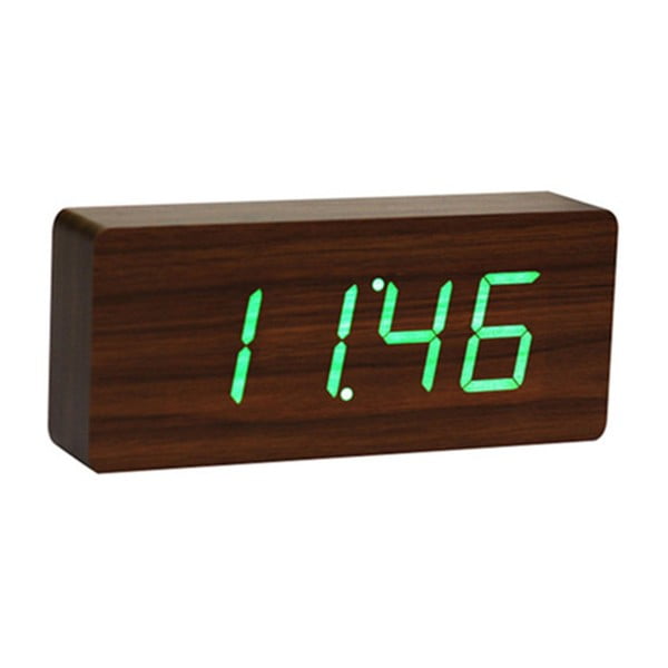 Tamsiai rudas žadintuvas su žaliu LED ekranu Gingko Slab Click Clock