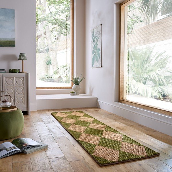 Rankų darbo žalios spalvos/natūralios spalvos kilimas iš džiuto mišinio 80x230 cm Effie Diamond – Flair Rugs-image-1