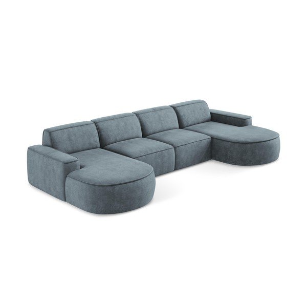Pilkai mėlynos spalvos iš šenilinio audinio kampinė sofa („U“ formos) Omao – Makamii-image-4