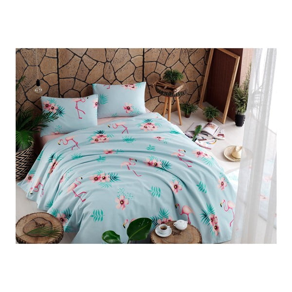 Medvilninės lovos užvalkalo, paklodės ir 2 užvalkalų rinkinys "Flamenco Mint", 200 x 235 cm