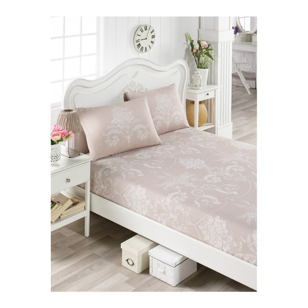 Medvilninės smėlio spalvos paklodės ir 2 užvalkalų rinkinys viengulėlei lovai Munica Punteja, 100 x 200 cm