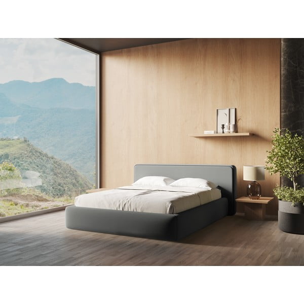 Pilkos spalvos dvigulė lova audiniu dengta su sandėliavimo vieta su lovos grotelėmis 160x200 cm Kiana – Makamii-image-1