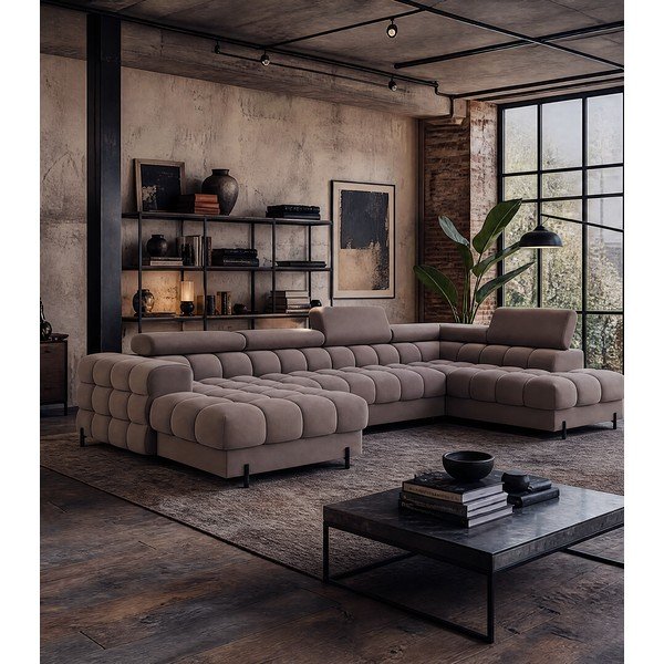 Šviesiai rudos spalvos iš velveto sulankstoma kampinė sofa (su dešiniuoju kampu/„U“ formos) Feraria – ELTAP-image-1