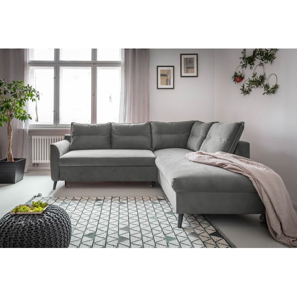 Šviesiai pilkos spalvos aksominė kampinė sofa-lova Miuform Stylish Stan L, dešinysis kampas-image-1
