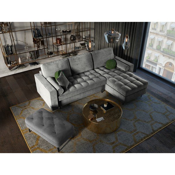 Šviesiai pilka aksominė kampinė sofa-lova Milo Casa Santo, kampas dešinėje-image-1