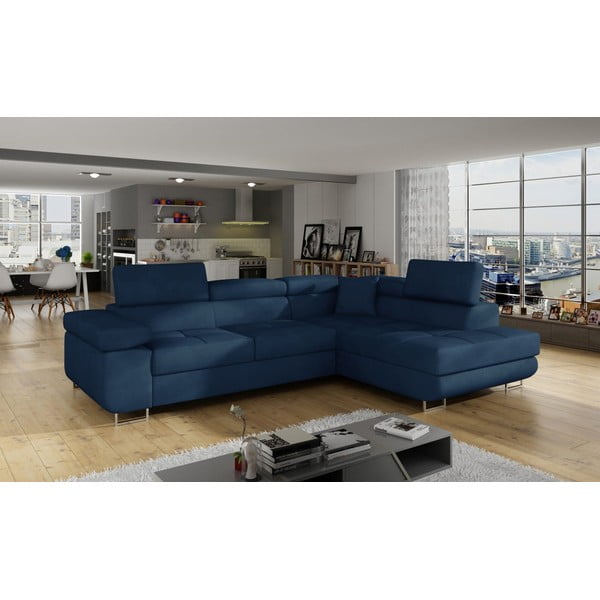 Mėlynos spalvos iš velveto sulankstoma/su sandėliavimo vieta kampinė sofa (su dešiniuoju kampu/„L“ formos) Anton – ELTAP-image-3