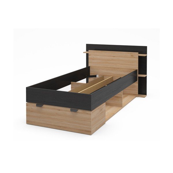 Viengulė lova juodos spalvos/natūralios spalvos iš ąžuolo su sandėliavimo vieta be grotelių 90x200 cm Albo – Marckeric-image-2