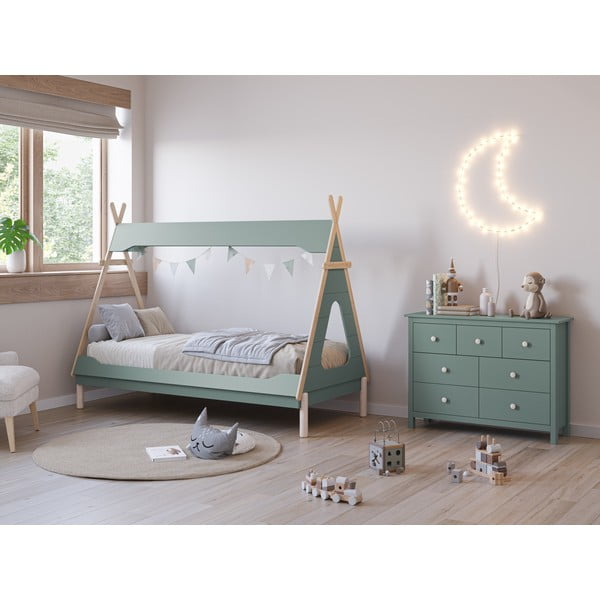 Naminė iš pušies masyvo vaikiška lova smaragdinės spalvos 90x190 cm Nora – Marckeric-image-1