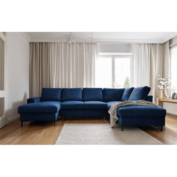 Iš kordinio velveto sulankstoma kampinė sofa tamsiai mėlynos spalvos (su dešiniuoju kampu) Lofty Lilly – Miuform-image-1