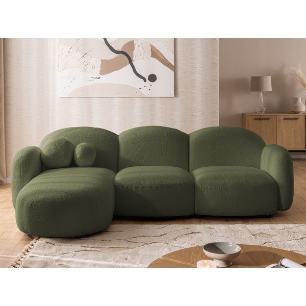 Žalios spalvos kampinė sofa iš boucle (su kairiuoju kampu/su gultu) Orbit – Ropez-image-1