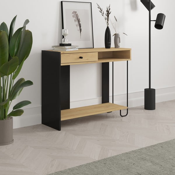 Konsolinis staliukas juodos spalvos/natūralios spalvos su ąžuolo dekoro stalviršiu 35x100 cm Saturne – Marckeric-image-4