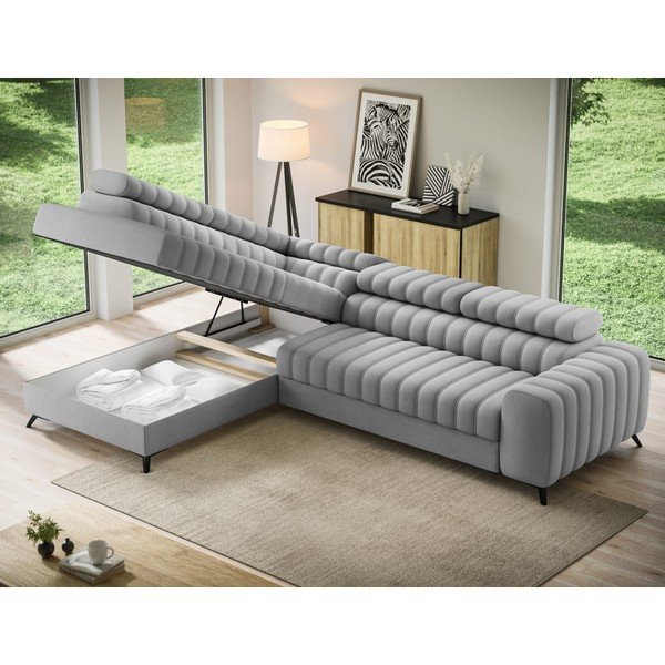 Pilkos spalvos kampinė sofa iš velveto (su kairiuoju kampu/„L“ formos) Kanedo – ELTAP-image-2