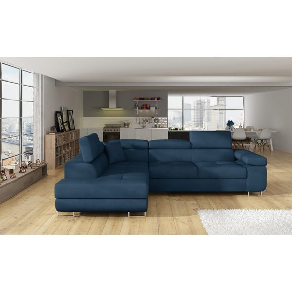 Mėlynos spalvos iš velveto sulankstoma/su sandėliavimo vieta kampinė sofa (su kairiuoju kampu/„L“ formos) Anton – ELTAP-image-1
