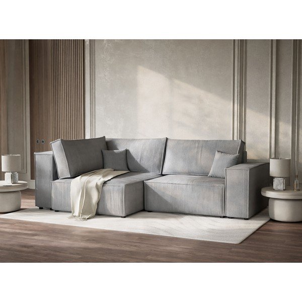 Pilkos spalvos sulankstoma/su sandėliavimo vieta kampinė sofa iš kordinio velveto (su kairiuoju kampu/„L“ formos) Tonga – Maison de Rêve-image-4