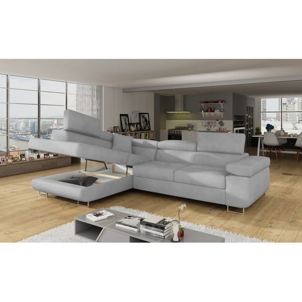 Šviesiai pilkos spalvos iš velveto sulankstoma/su sandėliavimo vieta kampinė sofa (su kairiuoju kampu/„L“ formos) Anton – ELTAP-image-4