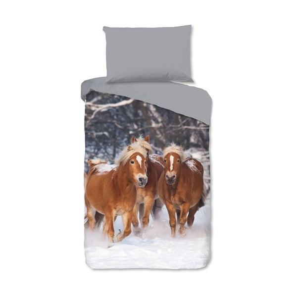 Pilkos spalvos iš flanelės viengulė vaikiška patalynė 140x200 cm Happy Horses – Good Morning