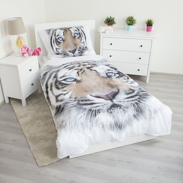 Baltos spalvos/pilkos spalvos iš medvilnės viengulė vaikiška patalynė 140x200 cm White Tiger – Jerry Fabrics-image-1
