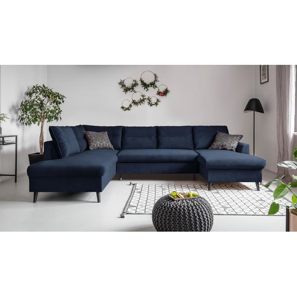 Tamsiai mėlyna velvetinė U formos sofa-lova Miuform Stylish Stan, kairysis kampas-image-1