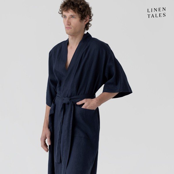 Tamsiai mėlynas lininis chalatas S/M dydžio Summer - Linen Tales-image-3
