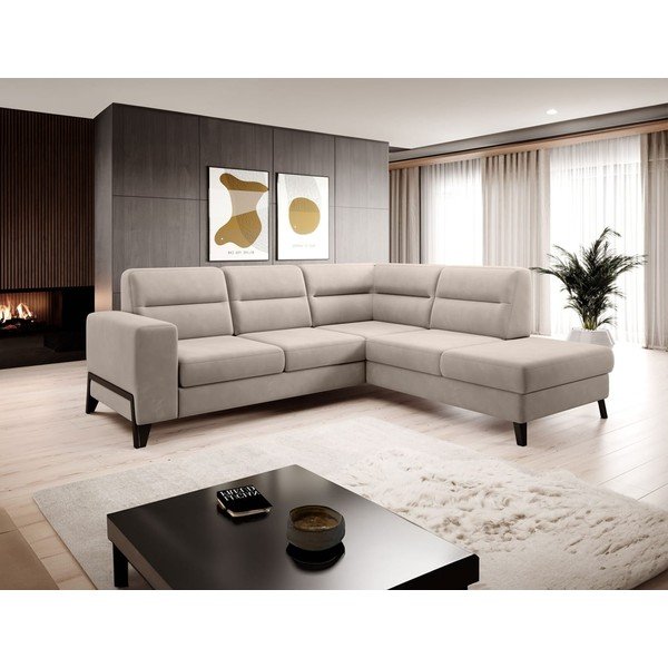 Smėlio spalvos iš velveto sulankstoma/su sandėliavimo vieta kampinė sofa (su dešiniuoju kampu/„L“ formos) Cassara – ELTAP-image-1