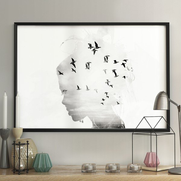 Sieninis plakatas rėmelyje GIRL/SILHOUETTE/BIRDS, 70 x 100 cm-image-1