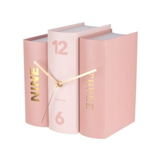 Rožinis stalo laikrodis, vaizduojantis knygas Karlsson