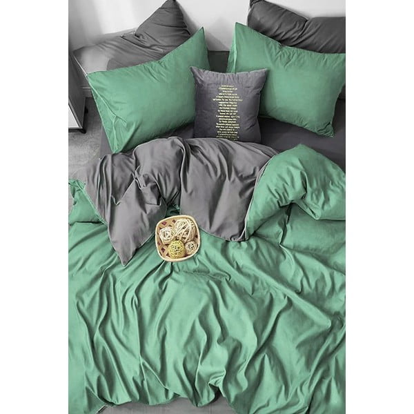 Iš ranforce medvilnės dvigulė/itin ilga patalynė žalios spalvos/pilkos spalvos su paklode/4 dalių 200x220 cm – Mila Home